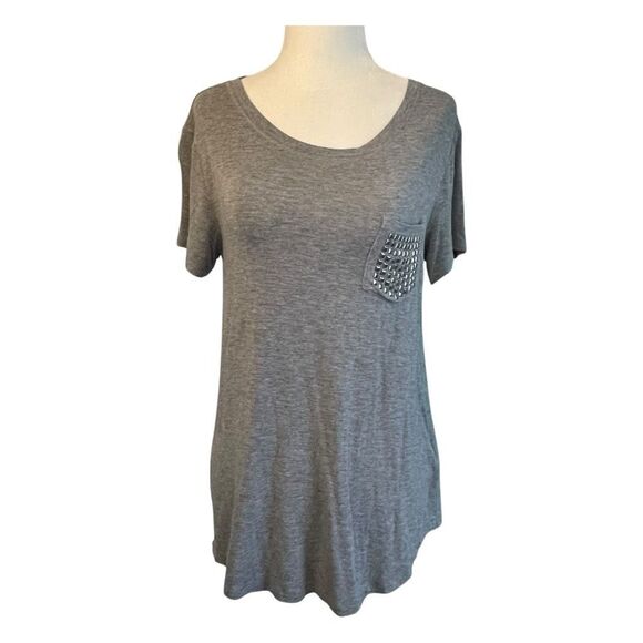 DKNY Studded Pocket Tee Gray Silver Rayon Knit Scoop Neck Short Sleeves S - Picture 1 of 7